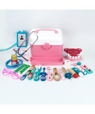 Doctor Pretend Play Set Wood Toys with Medical Kit Storage Aid Box for Kids Stethoscope Red Cross Party Role Playset Educatio...