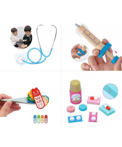 Doctor Pretend Play Set Wood Toys with Medical Kit Storage Aid Box for Kids Stethoscope Red Cross Party Role Playset Educatio...