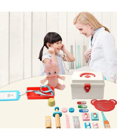 Doctor Pretend Play Set Wood Toys with Medical Kit Storage Aid Box for Kids Stethoscope Red Cross Party Role Playset Educatio...