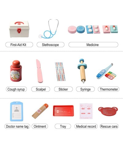 Doctor Pretend Play Set Wood Toys with Medical Kit Storage Aid Box for Kids Stethoscope Red Cross Party Role Playset Educatio...