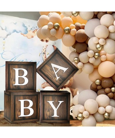 Wood Grain Baby Shower Balloon Boxes 4 Pcs Brown BABY Balloon Boxes with 30 Letter (A-Z + BABY) Wood Grain Printed for Bear B...