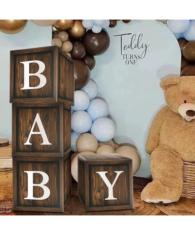 Wood Grain Baby Shower Balloon Boxes 4 Pcs Brown BABY Balloon Boxes with 30 Letter (A-Z + BABY) Wood Grain Printed for Bear B...