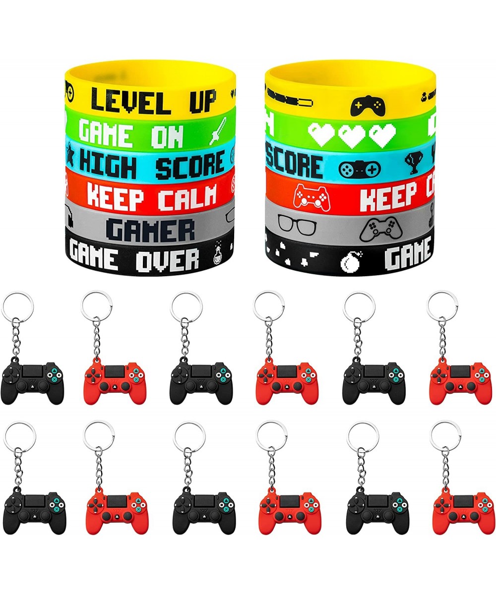 24 Pcs Video Game Party Favor Include Game Handle Keychains and Rubber Bracelets Inspired Silicone Wristbands Key Ring Pendan...