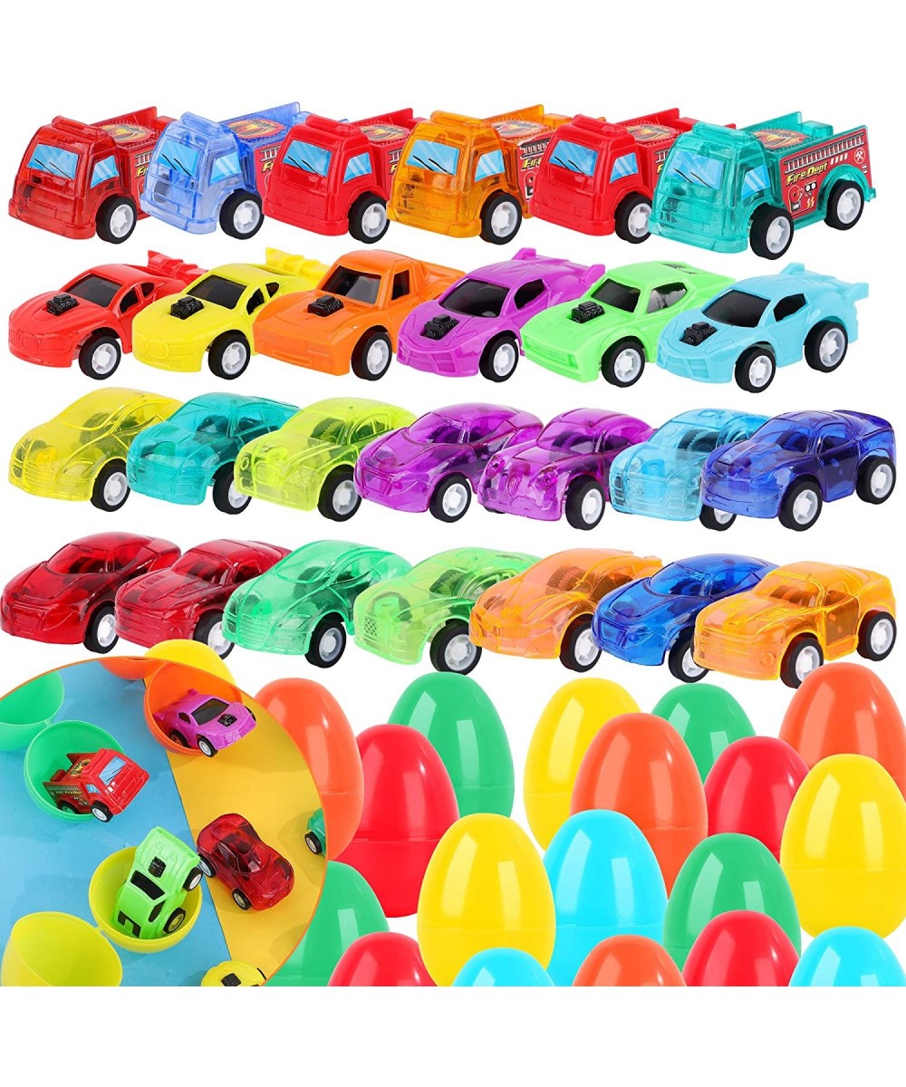 26 Packs Easter Eggs with 26 Assorted Pull Back Race Cars and Fire Engine Trucks for Kids Easter Egg Hunt Games or Easter Bas...