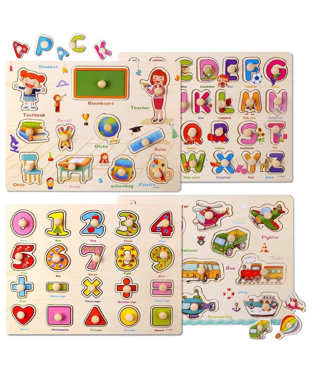 Wooden Peg Puzzles for Toddlers 4 Pack ABC Alphabet Number Animal School Traffic Puzzles for Kids Ages 1 2 3 4 5 Years Old Pr...